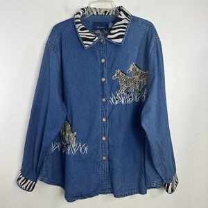 Vintage CST Blues Top Womens 2X Blue Denim Chambray Denim Zebra Safari 90s